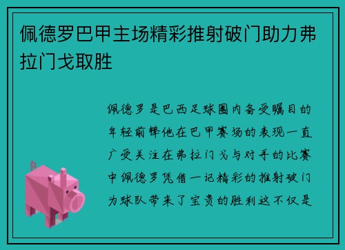 佩德罗巴甲主场精彩推射破门助力弗拉门戈取胜