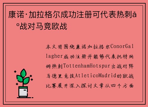 康诺·加拉格尔成功注册可代表热刺出战对马竞欧战