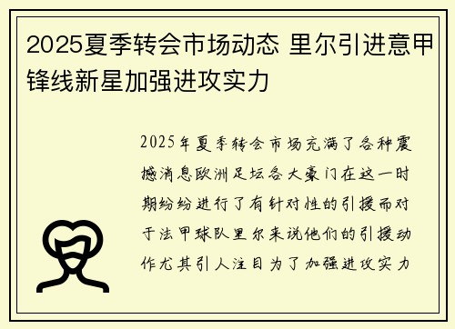 2025夏季转会市场动态 里尔引进意甲锋线新星加强进攻实力