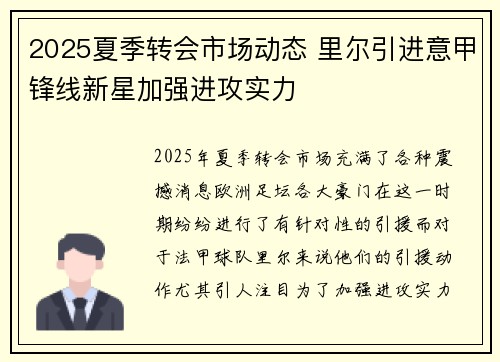 2025夏季转会市场动态 里尔引进意甲锋线新星加强进攻实力